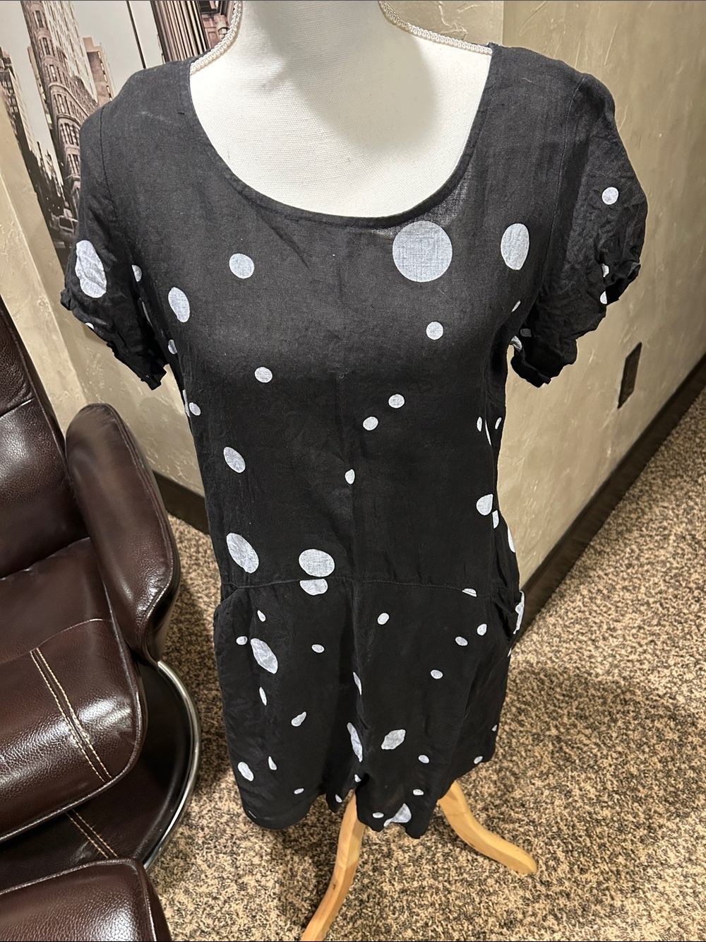LINEN LUV Black Polka Dot Short Sleeve Women's linen dress medium
